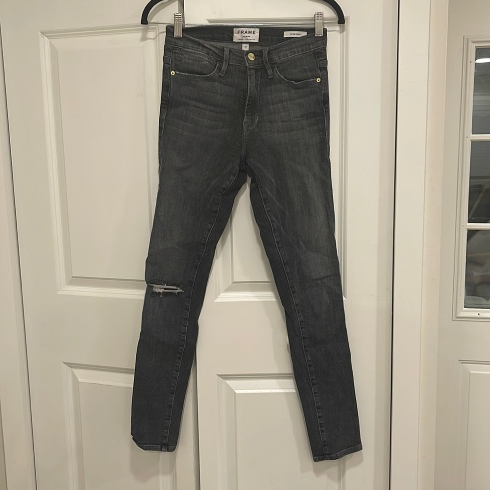FRAME le high skinny size 27 grey denim distressed knee